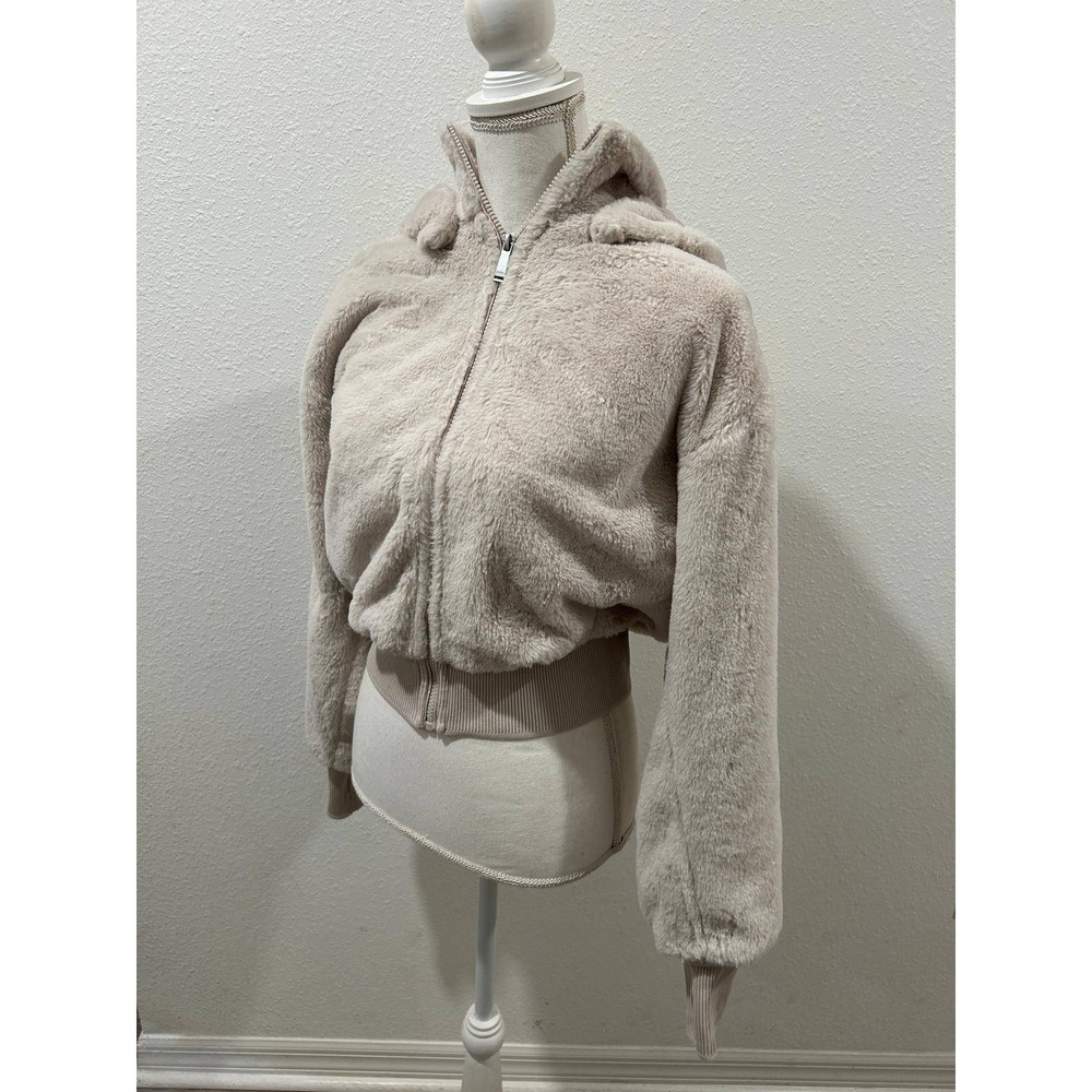 DKNY Sport Womens Faux Fur Hooded Bomber Jacket Blush Beige Detachable Hoodie - Picture 2 of 8